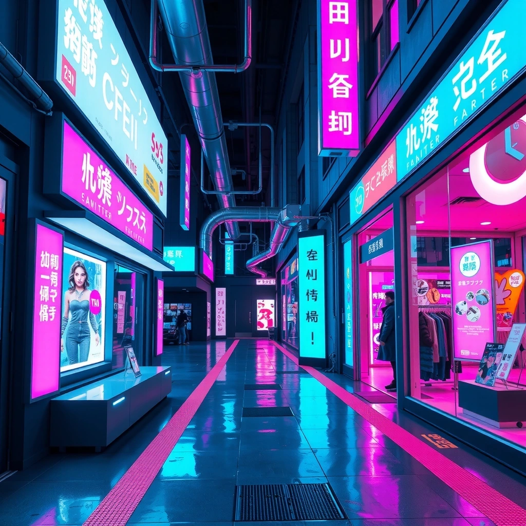 Mercado Digital Cibernético - Plaza comercial futurista con luces neón